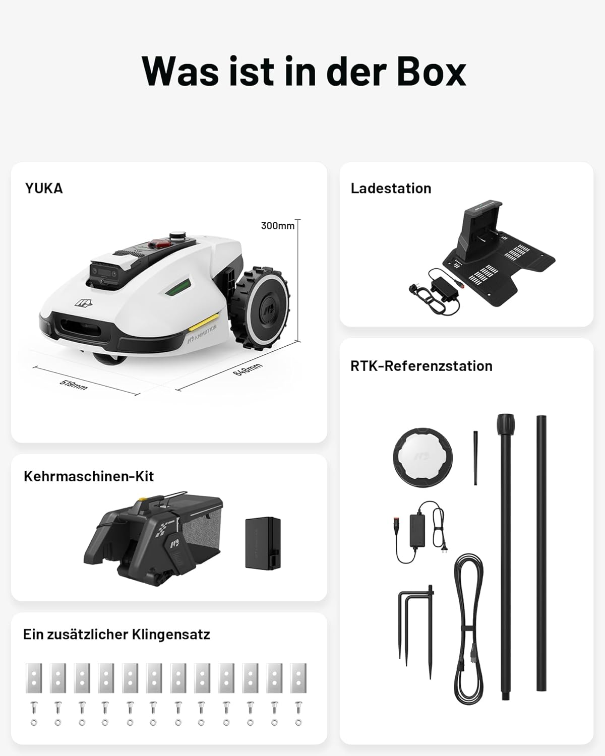 MAMMOTION YUKA 2000 Mähroboter mit Kehrmaschine, NetRTK+Vision, Keine RTK-Antenne erforderlich, Auto-Kartierung, Empf. 2000m², Max. 2800m², mit 4G-Modul, 80% Steigung