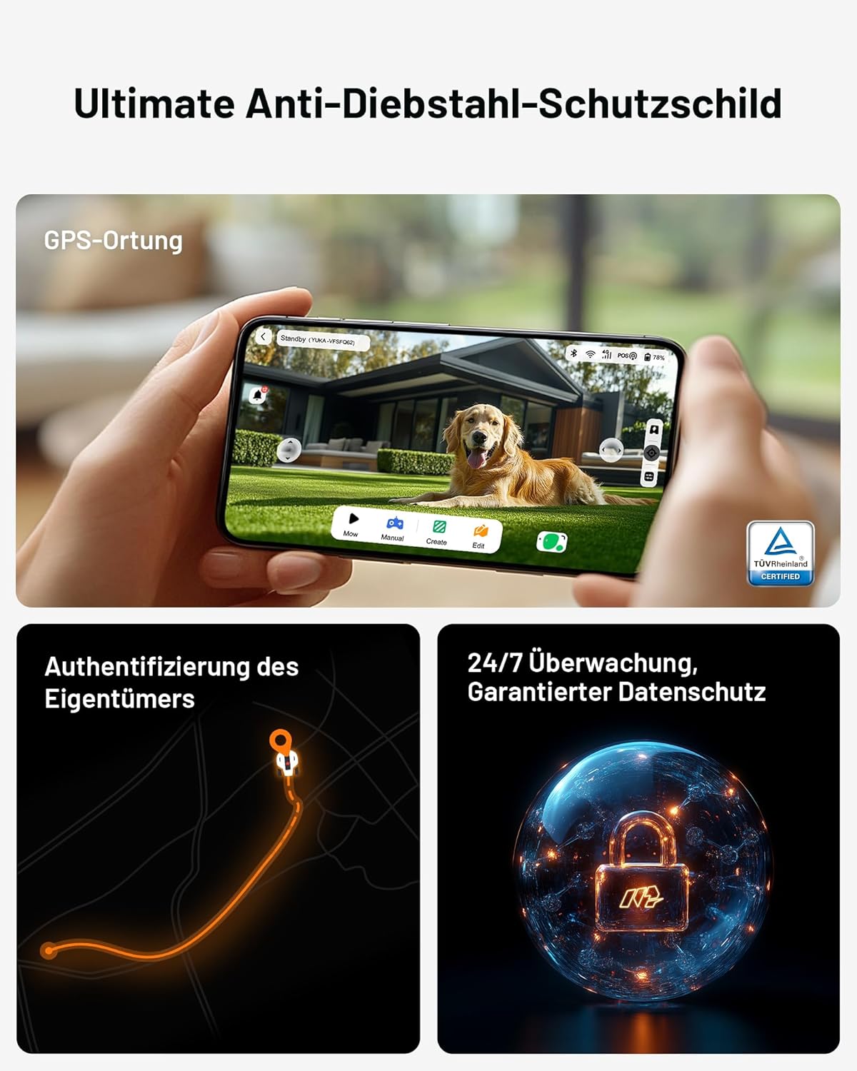 MAMMOTION YUKA 2000 Mähroboter mit Kehrmaschine, NetRTK+Vision, Keine RTK-Antenne erforderlich, Auto-Kartierung, Empf. 2000m², Max. 2800m², mit 4G-Modul, 80% Steigung