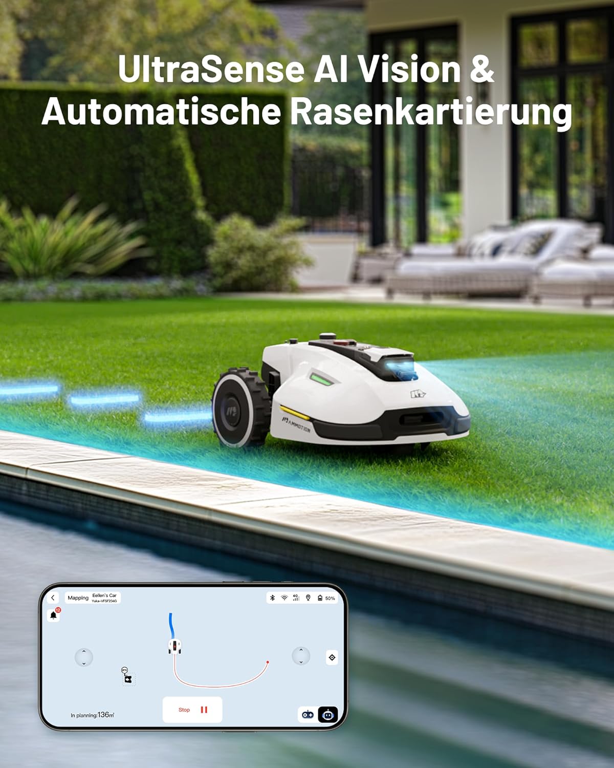 MAMMOTION YUKA 2000 Mähroboter mit Kehrmaschine, NetRTK+Vision, Keine RTK-Antenne erforderlich, Auto-Kartierung, Empf. 2000m², Max. 2800m², mit 4G-Modul, 80% Steigung