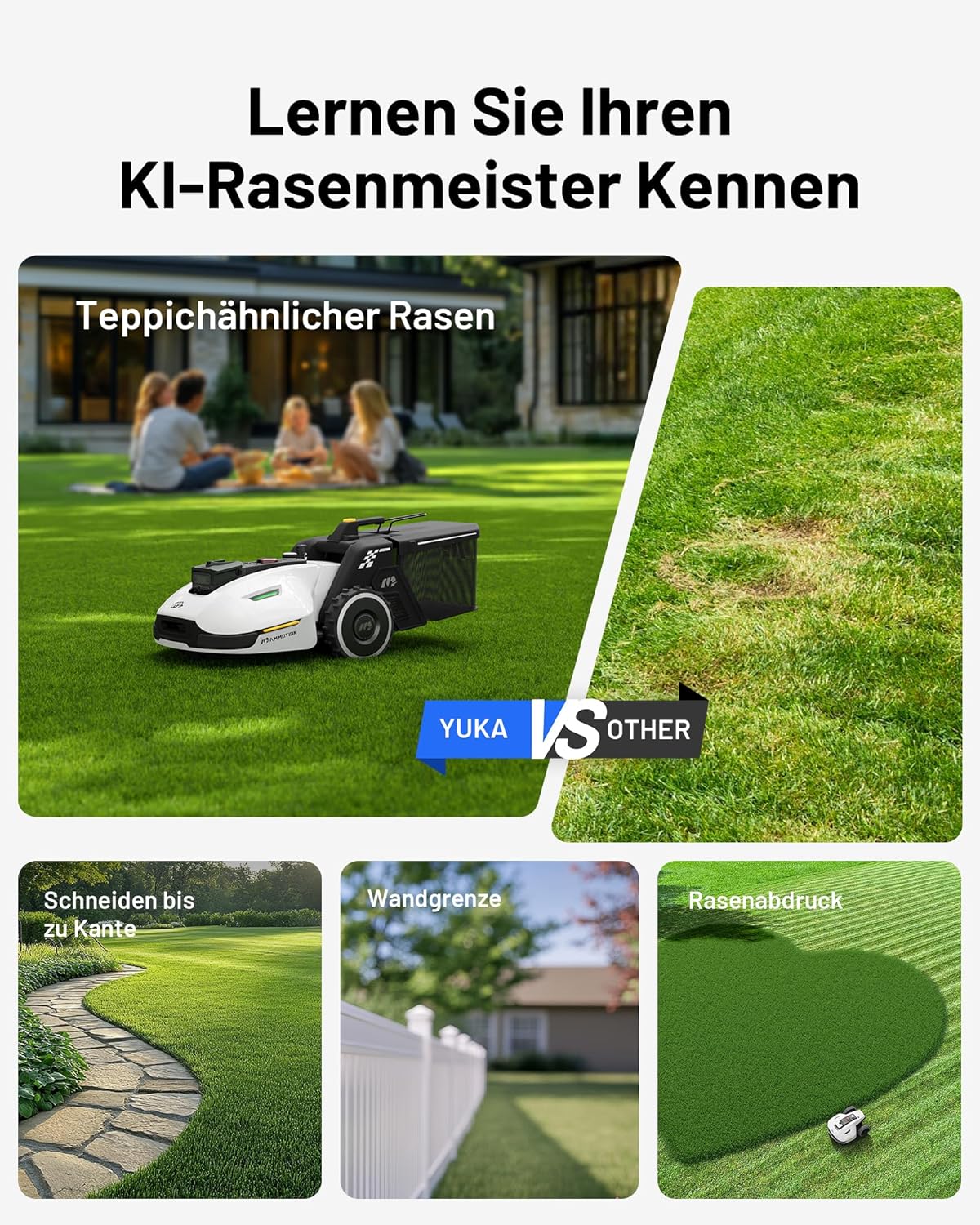 MAMMOTION YUKA 2000 Mähroboter mit Kehrmaschine, NetRTK+Vision, Keine RTK-Antenne erforderlich, Auto-Kartierung, Empf. 2000m², Max. 2800m², mit 4G-Modul, 80% Steigung