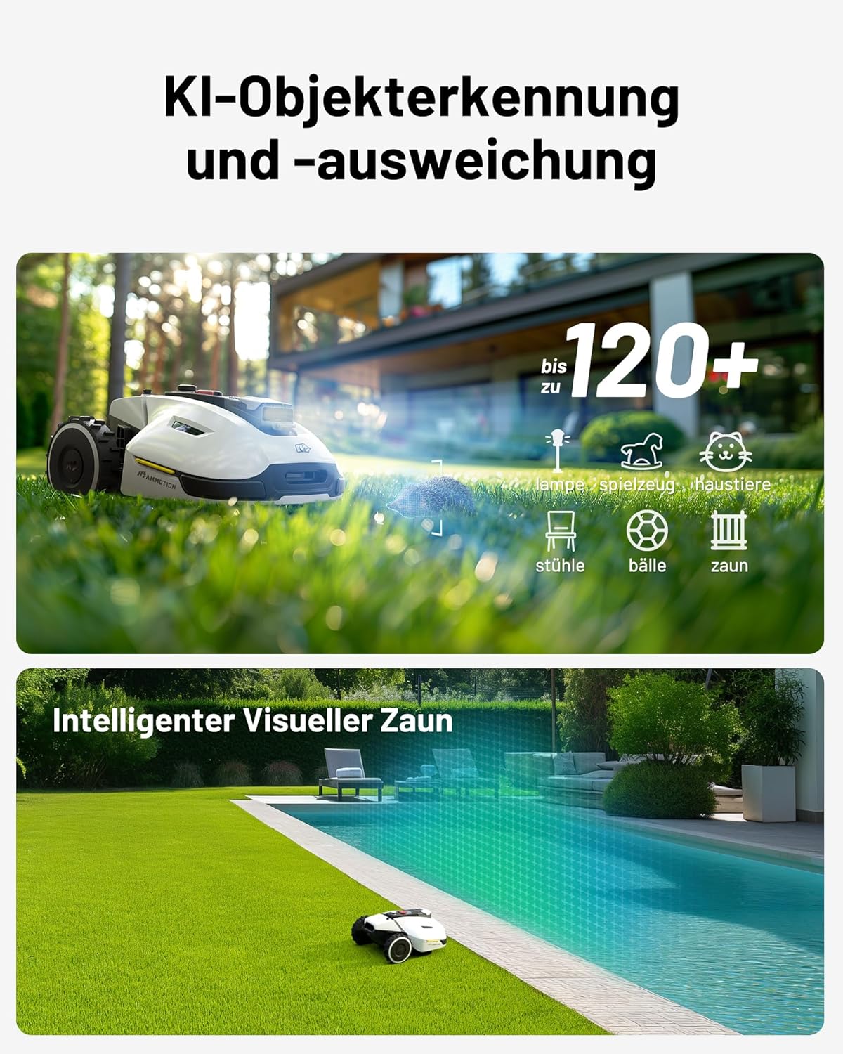 MAMMOTION YUKA 2000 Mähroboter mit Kehrmaschine, NetRTK+Vision, Keine RTK-Antenne erforderlich, Auto-Kartierung, Empf. 2000m², Max. 2800m², mit 4G-Modul, 80% Steigung