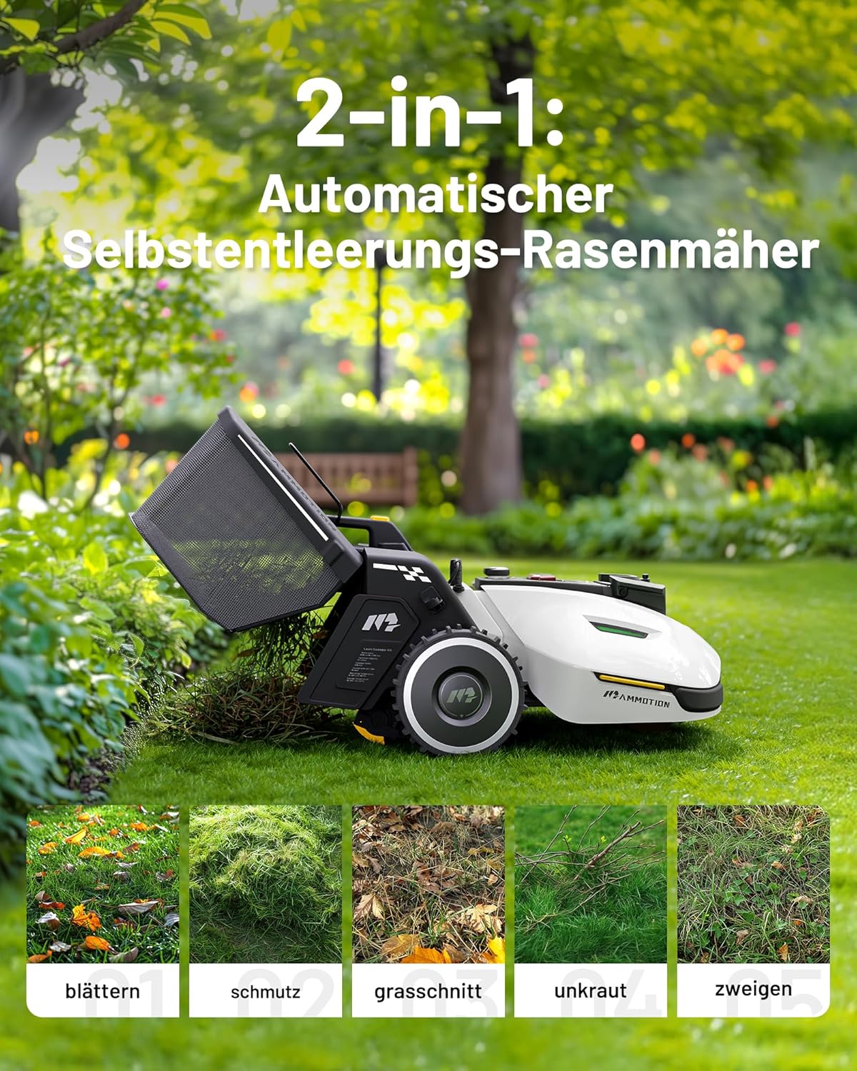 MAMMOTION YUKA 2000 Mähroboter mit Kehrmaschine, NetRTK+Vision, Keine RTK-Antenne erforderlich, Auto-Kartierung, Empf. 2000m², Max. 2800m², mit 4G-Modul, 80% Steigung